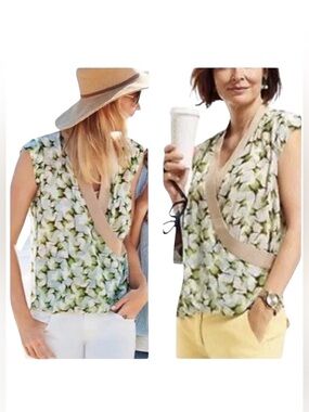 CABI style #234 BUTTERFLY WRAP green/tan semi sheer cap sleeve top size Large